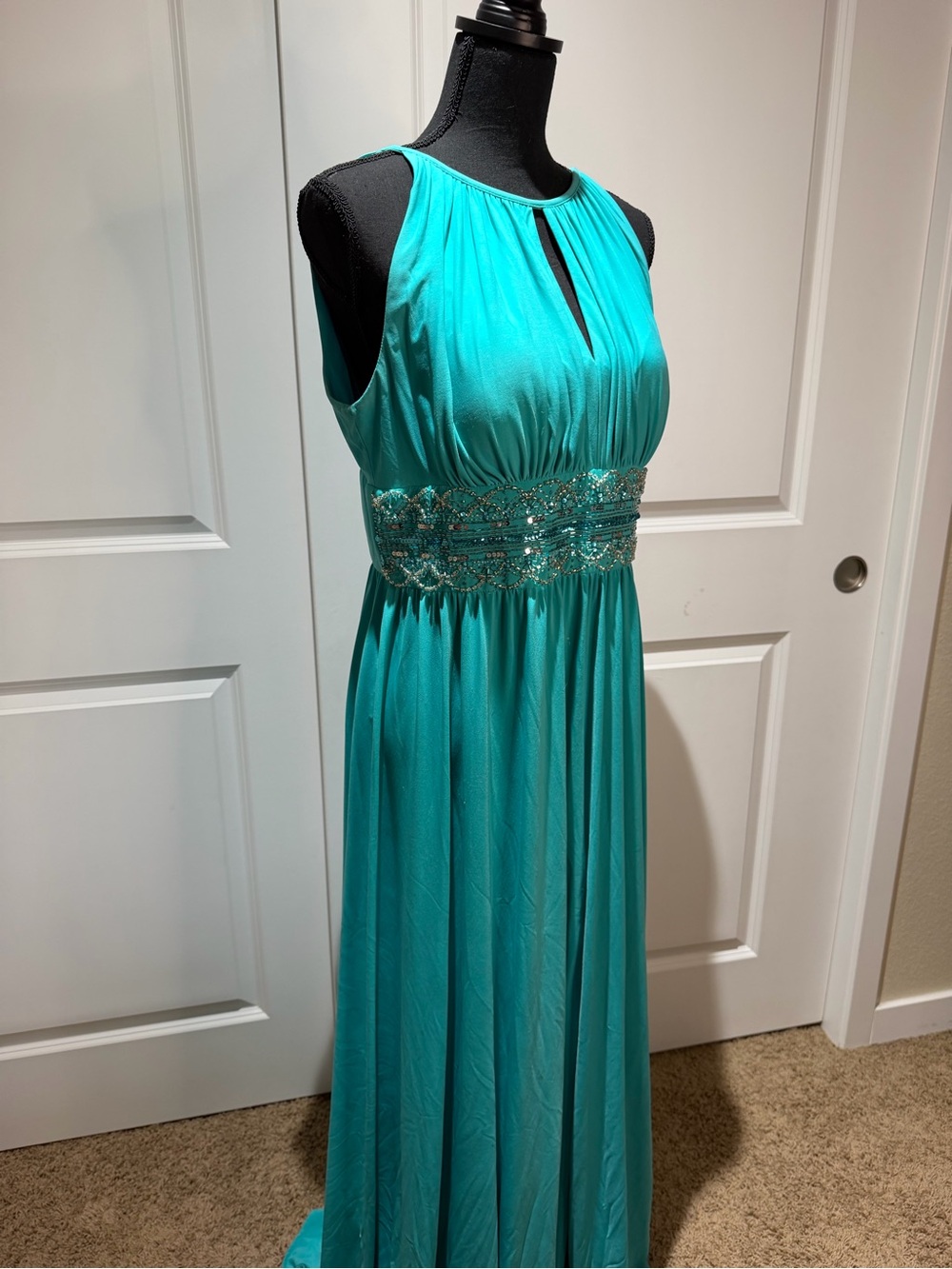 Beaded Halter Turquoise Prom Gown